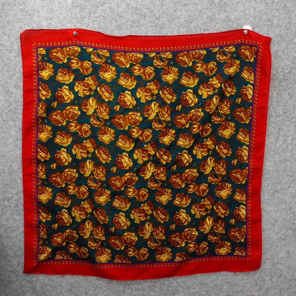 Floral Square Scarf Women Gold Rose Red Cotton Bandana Garden Boho Cottage 28x29